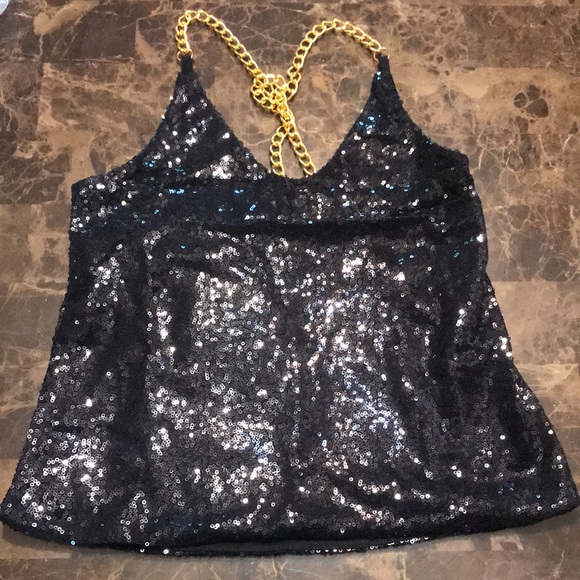 🎉Black Sequin Tank Top with Gold Colored Chain Details! - Picture 6 of 7